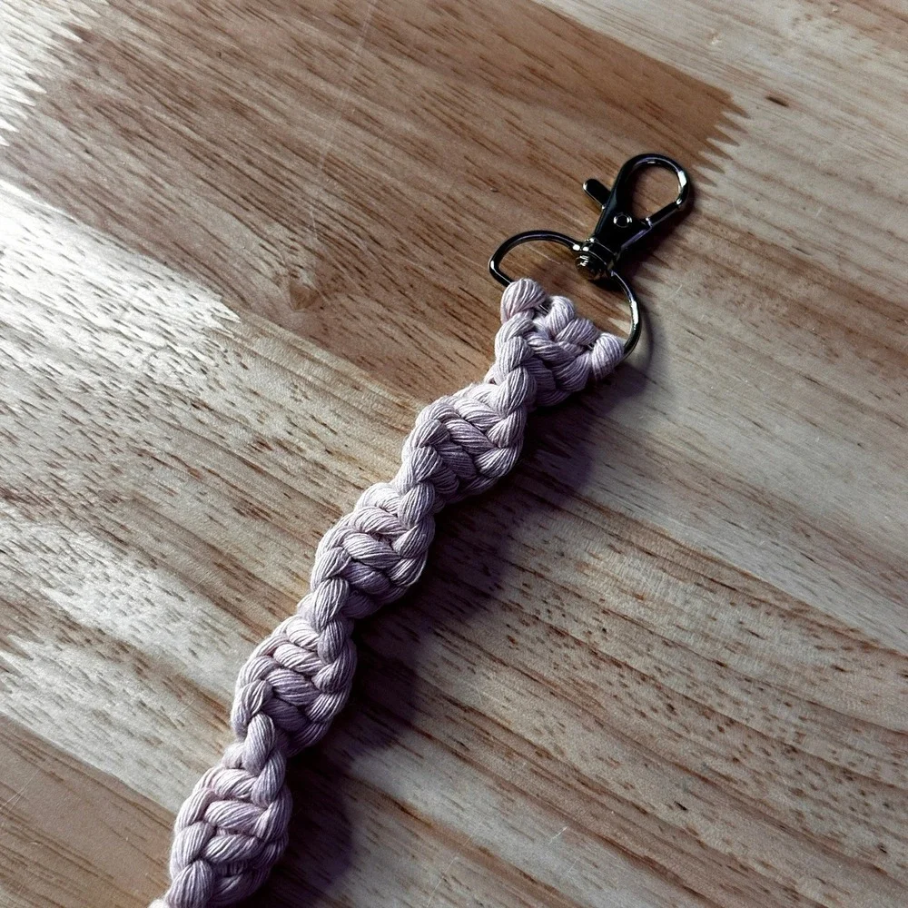 Handmade Macrame Spiral Keychain Boho Cotton Bag Charm Silver Clasp